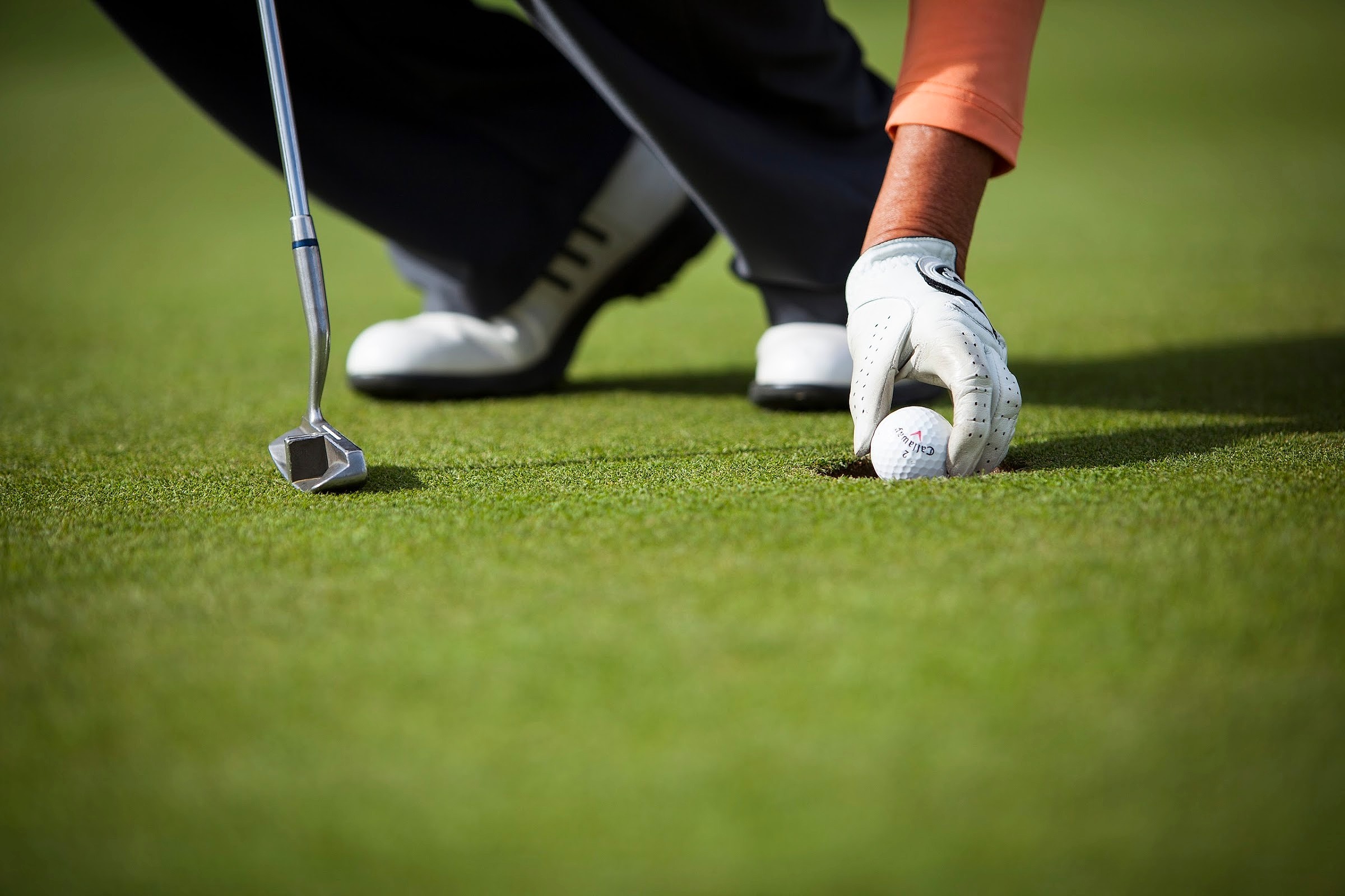 Close-up of golfer placing ball on pristine Lake Valley putting green